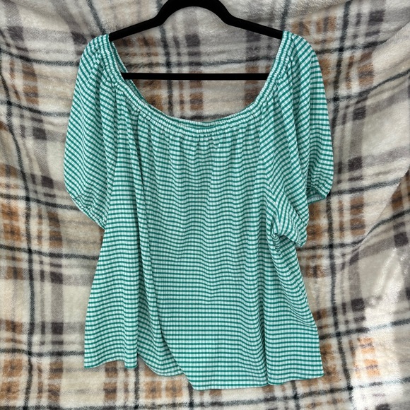 Green Gingham Women's Top Blouson-Sleeve Convertible Top #114 - Picture 2 of 4
